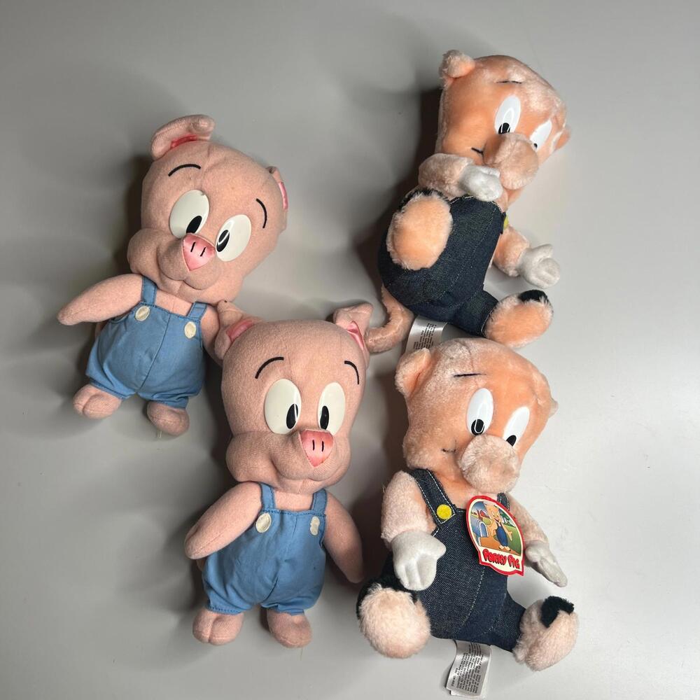 Lot of 4 Vintage 1993 Looney Tunes Porky Pig Plush Toys Warner Bros Denim Overal